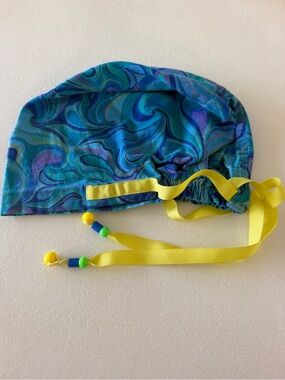 Blue purple Swirl Surgical Scrub Cap with Yellow Ties